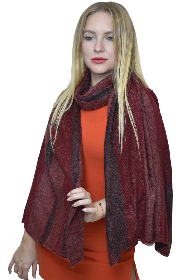 Camel Wool Luxury Scarf  - Wine Maroon Window Pane