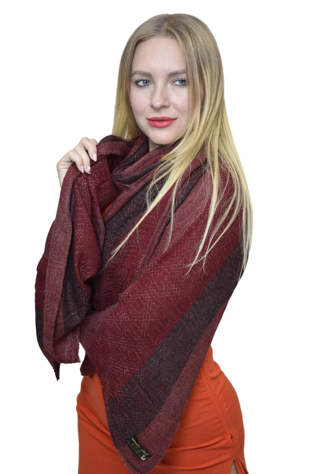 Camel Wool Luxury Scarf  - Wine Maroon Window Pane