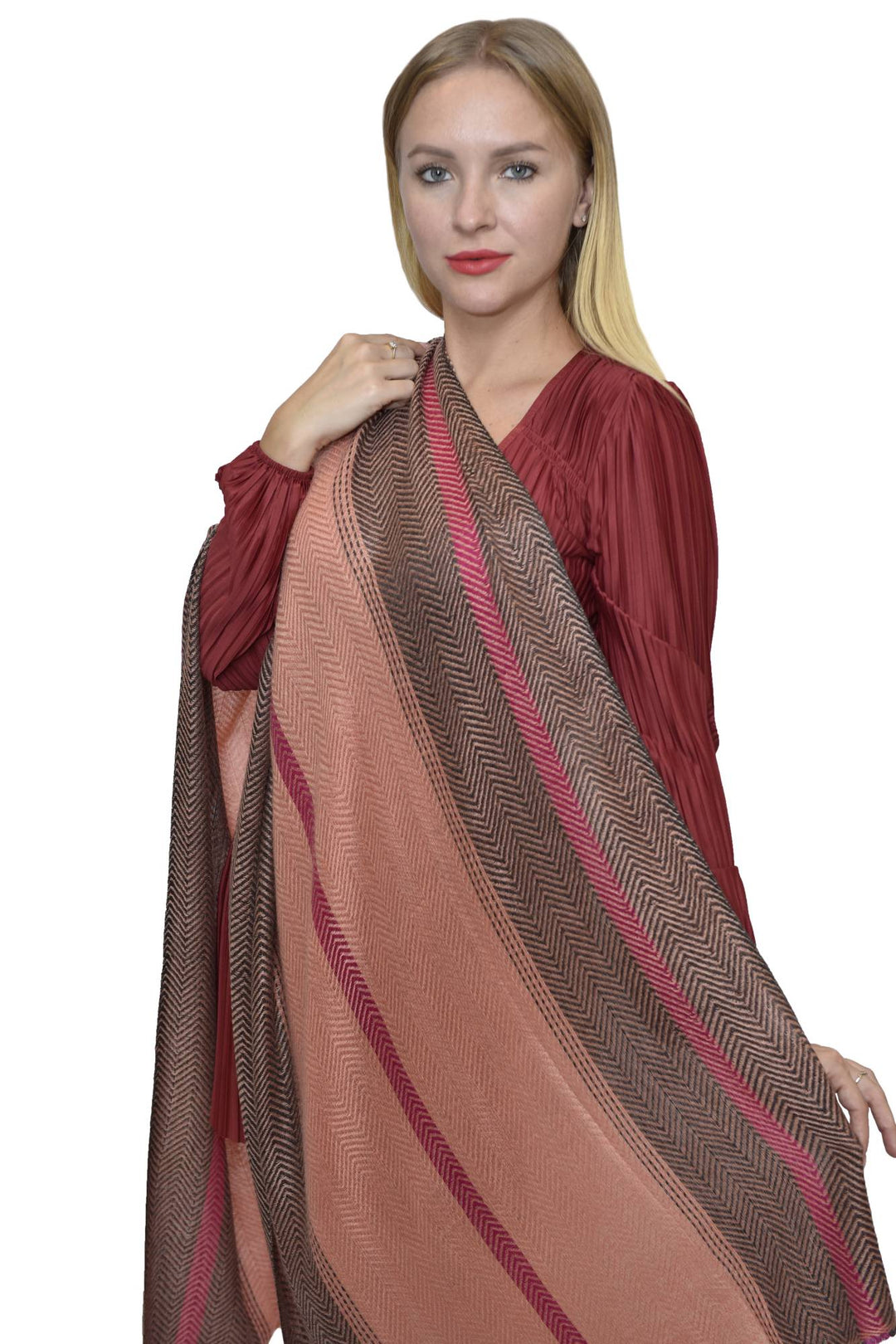 Camel Wool Luxury Scarf - Dusty Pink Window Pane