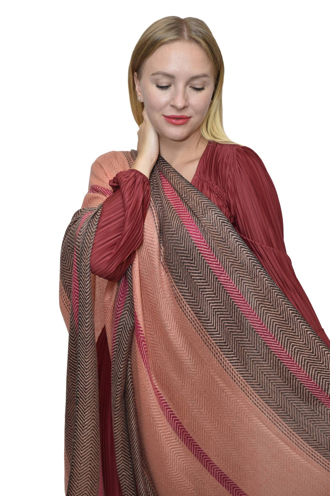 Camel Wool Luxury Scarf - Dusty Pink Window Pane