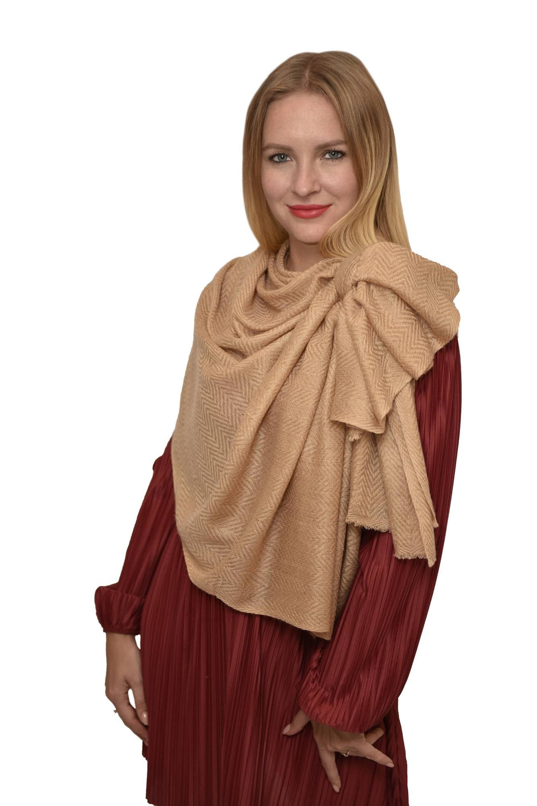 Camel Wool Luxury Scarf  - Camel Chevron Plain