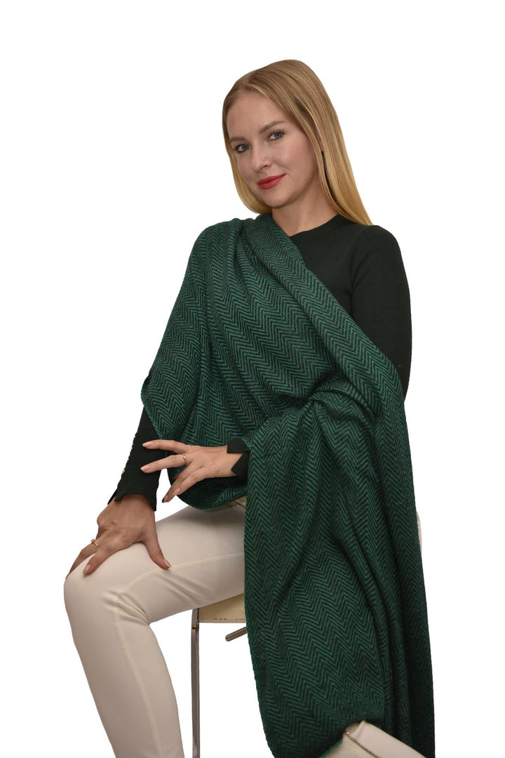 Camel Wool Luxury Scarf   - Emerald Green Chevron