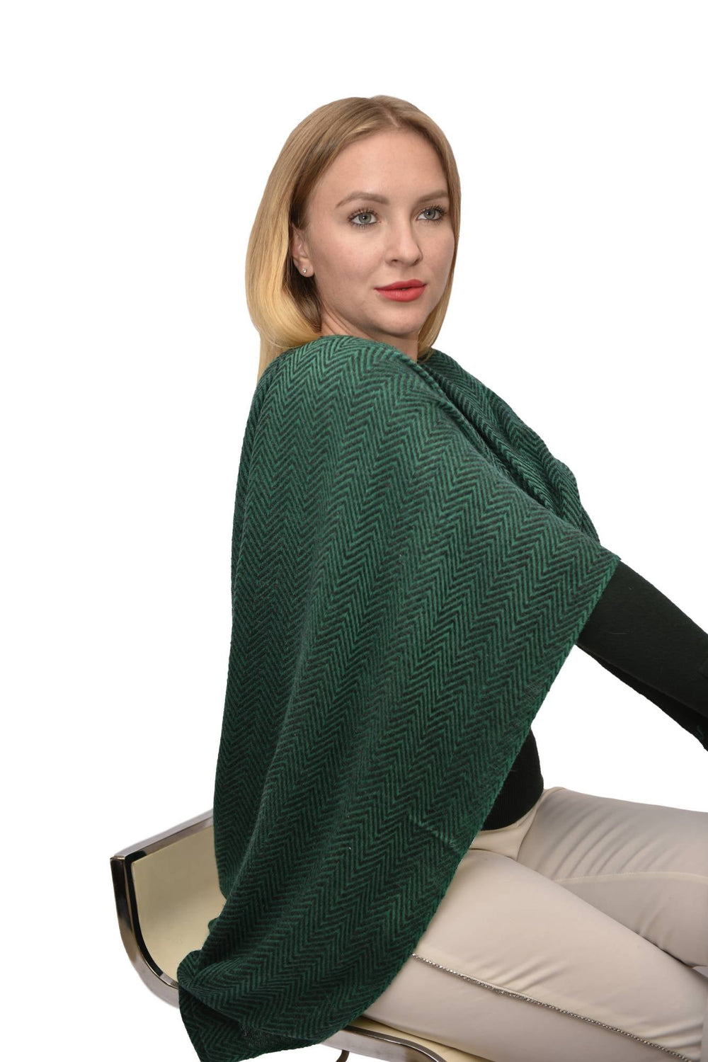 Camel Wool Luxury Scarf   - Emerald Green Chevron