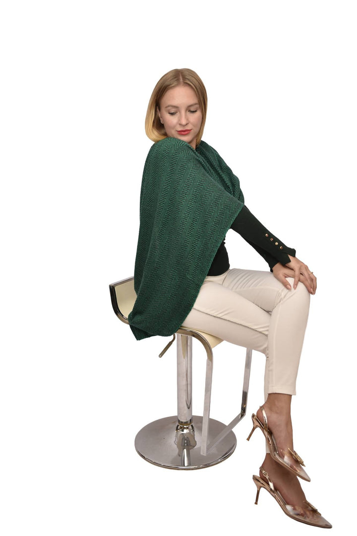 Camel Wool Luxury Scarf   - Emerald Green Chevron