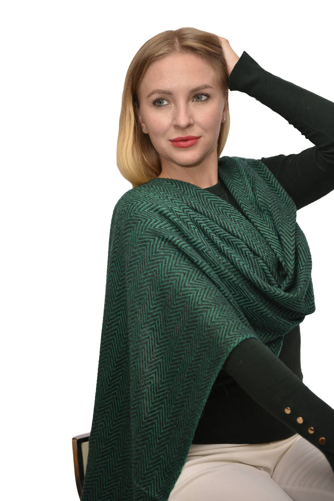 Camel Wool Luxury Scarf   - Emerald Green Chevron