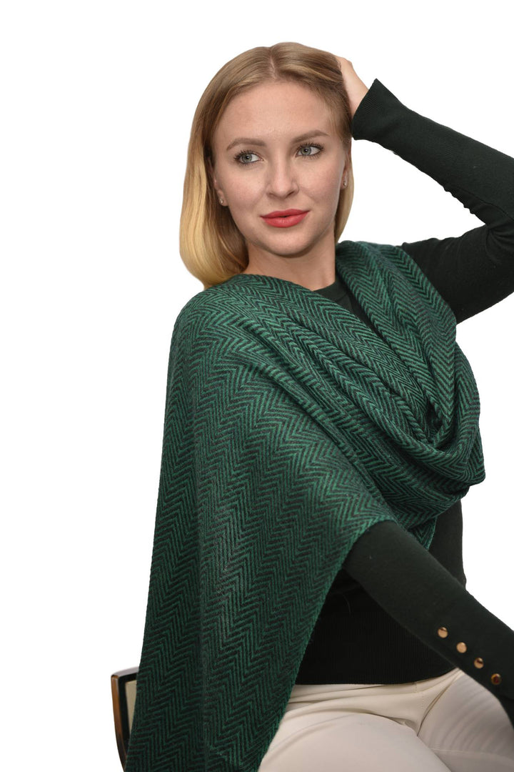 Camel Wool Luxury Scarf   - Emerald Green Chevron