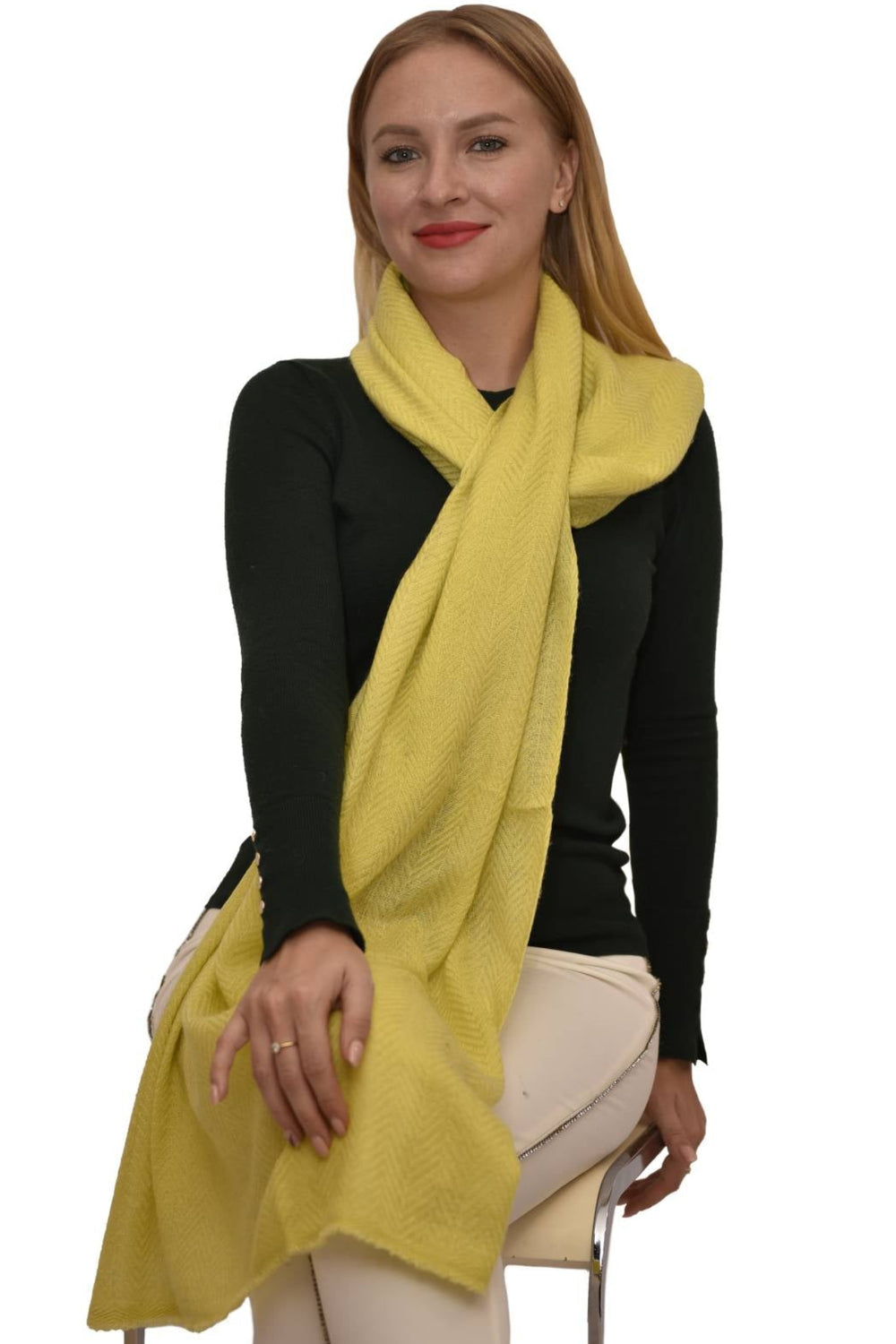 Camel Wool Luxury Scarf   - Banana Yellow Chevron Plain