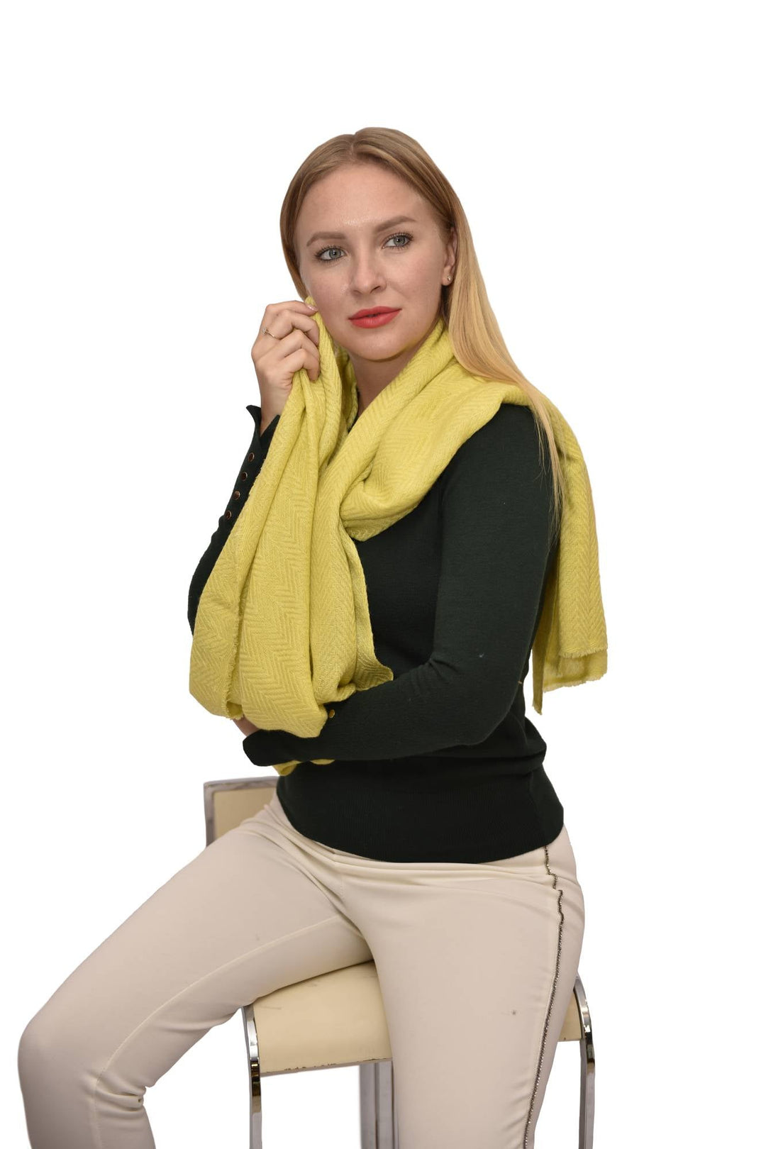 Camel Wool Luxury Scarf   - Banana Yellow Chevron Plain