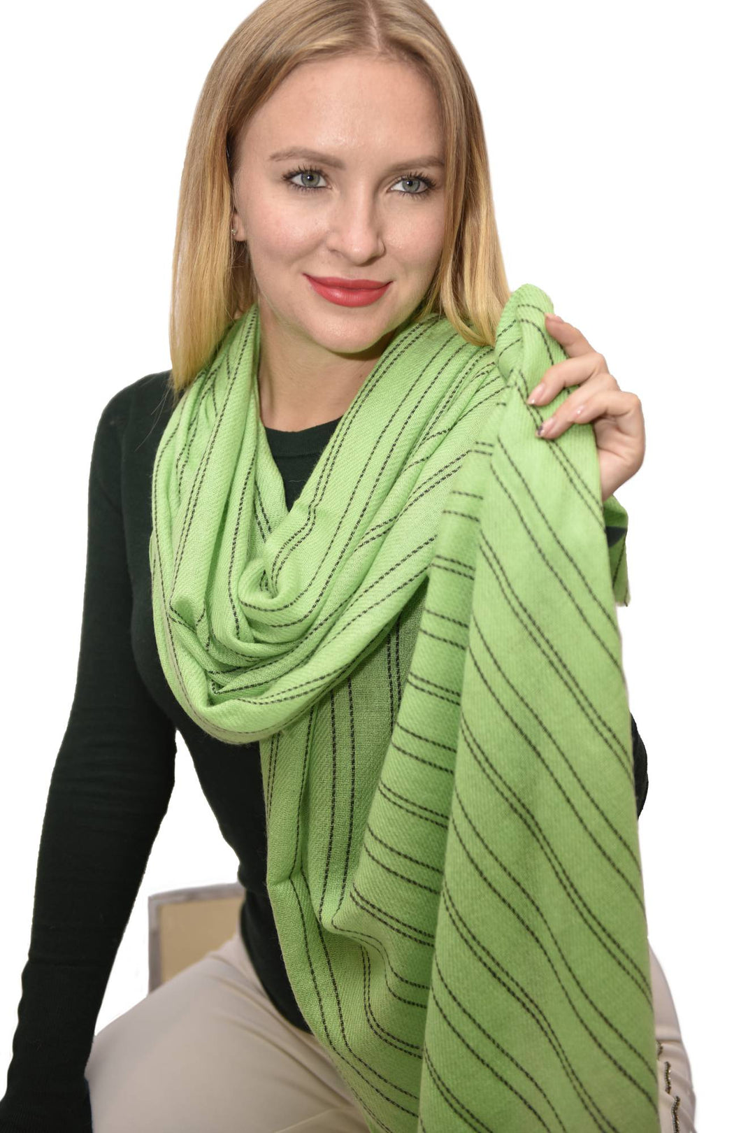 Camel Wool Luxury Scarf  - Parrot Green Verticle