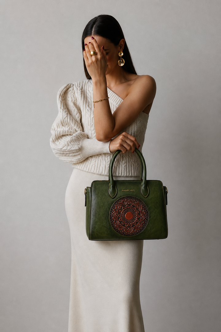 Elegance Women's Genuine Leather Handbag - Emerald
