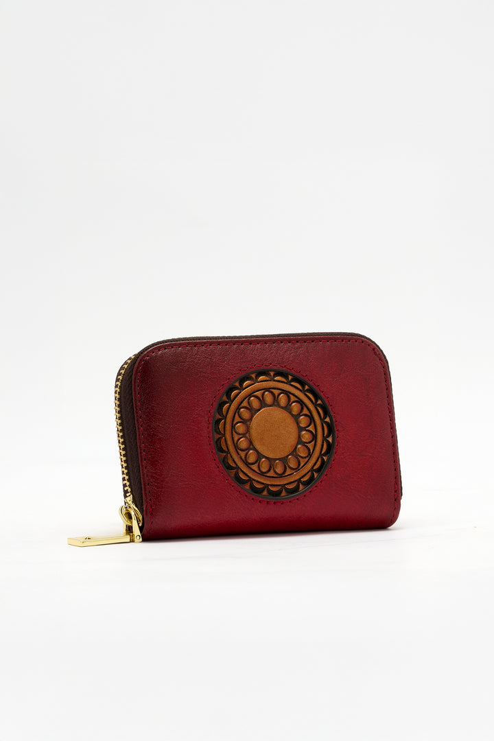 Embossed Genuine Leather Card Holder - Crimson