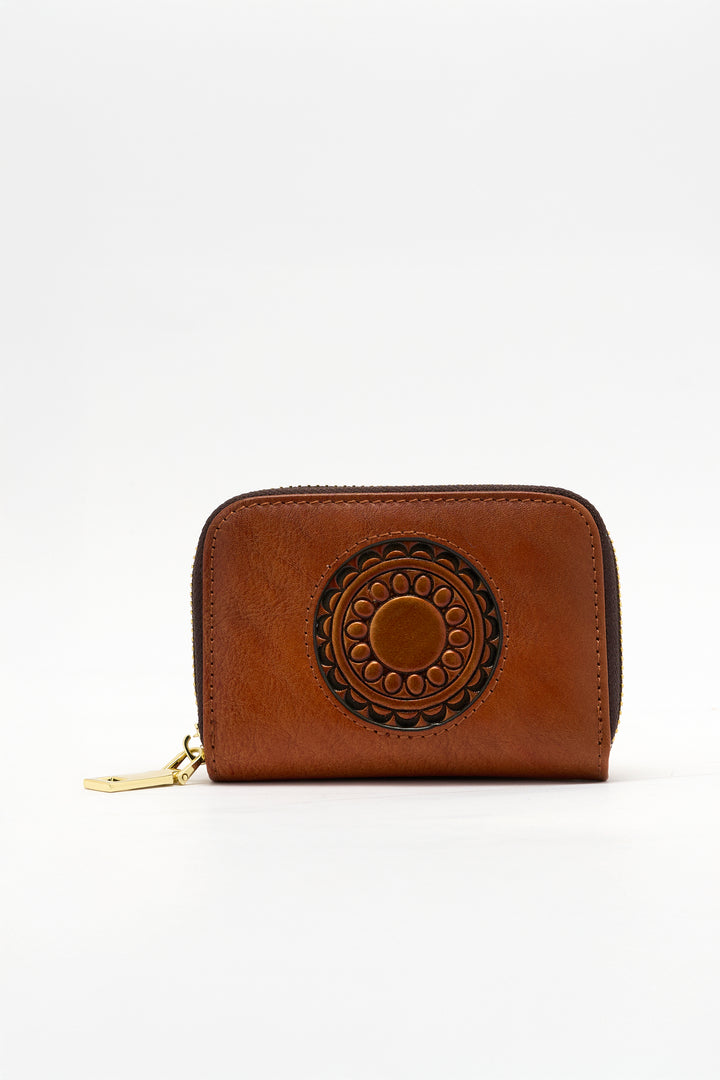 Embossed Genuine Leather Card Holder - Mocha
