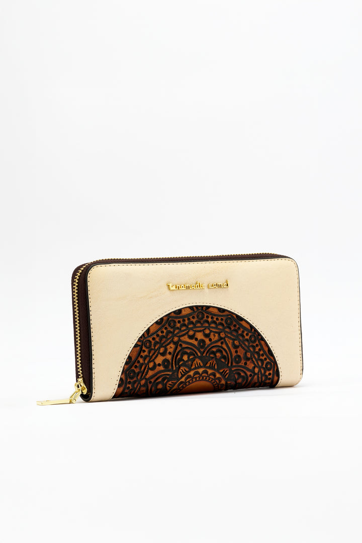 Embossed Women's Genuine Leather Clutch - Ivory