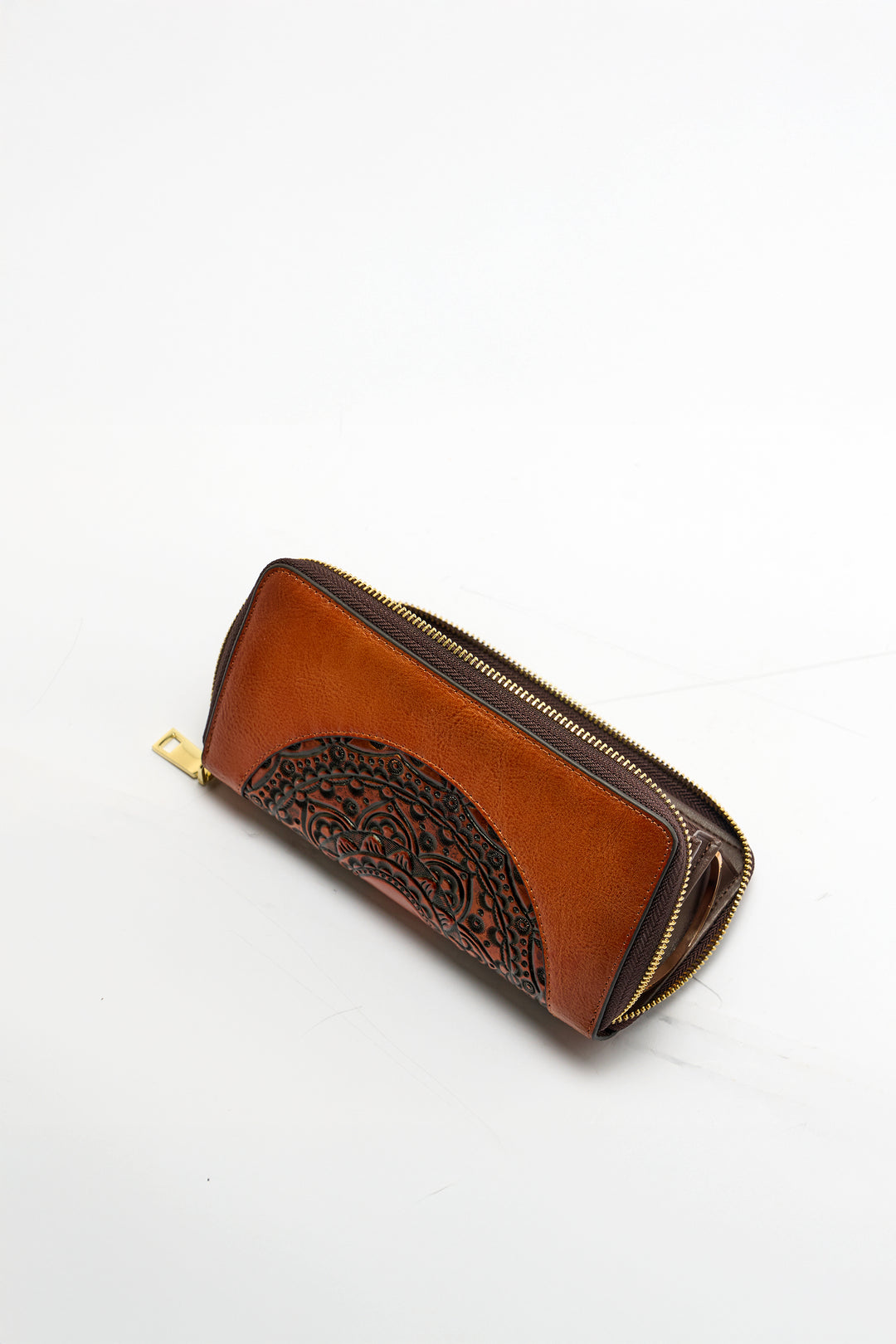 Embossed Women's Genuine Leather Clutch - Mocha