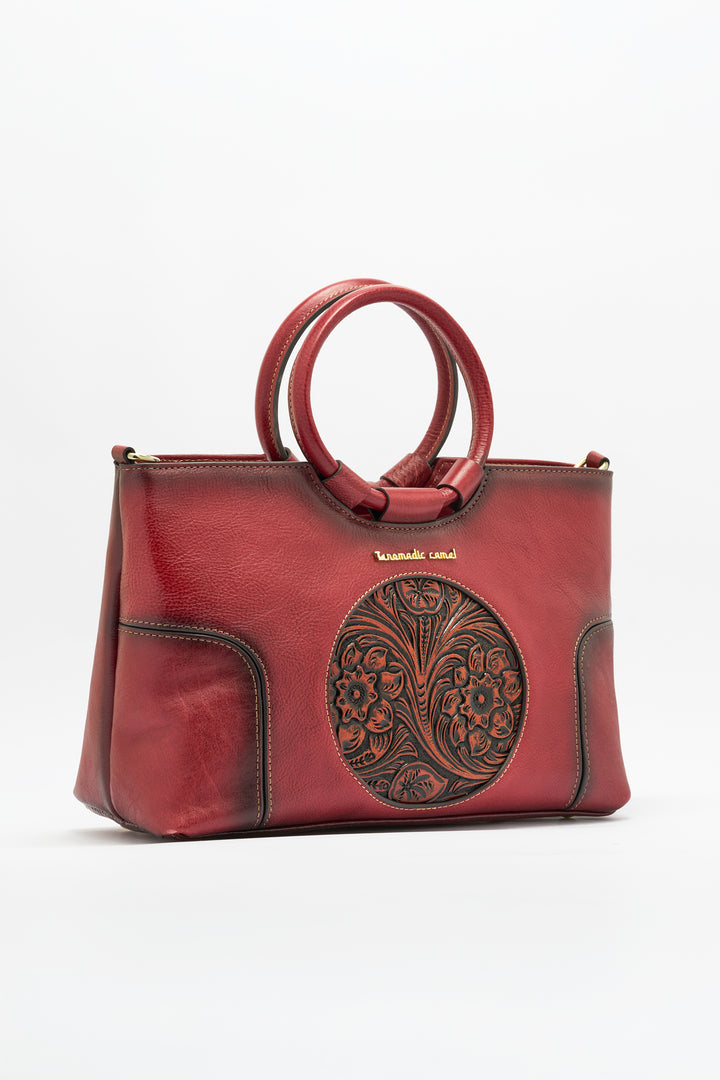 Iconic Women's  Genuine Leather Handbag - Crimson