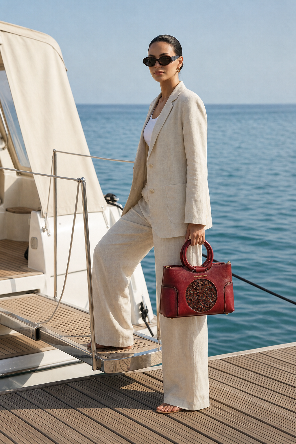 Iconic Women's  Genuine Leather Handbag - Crimson