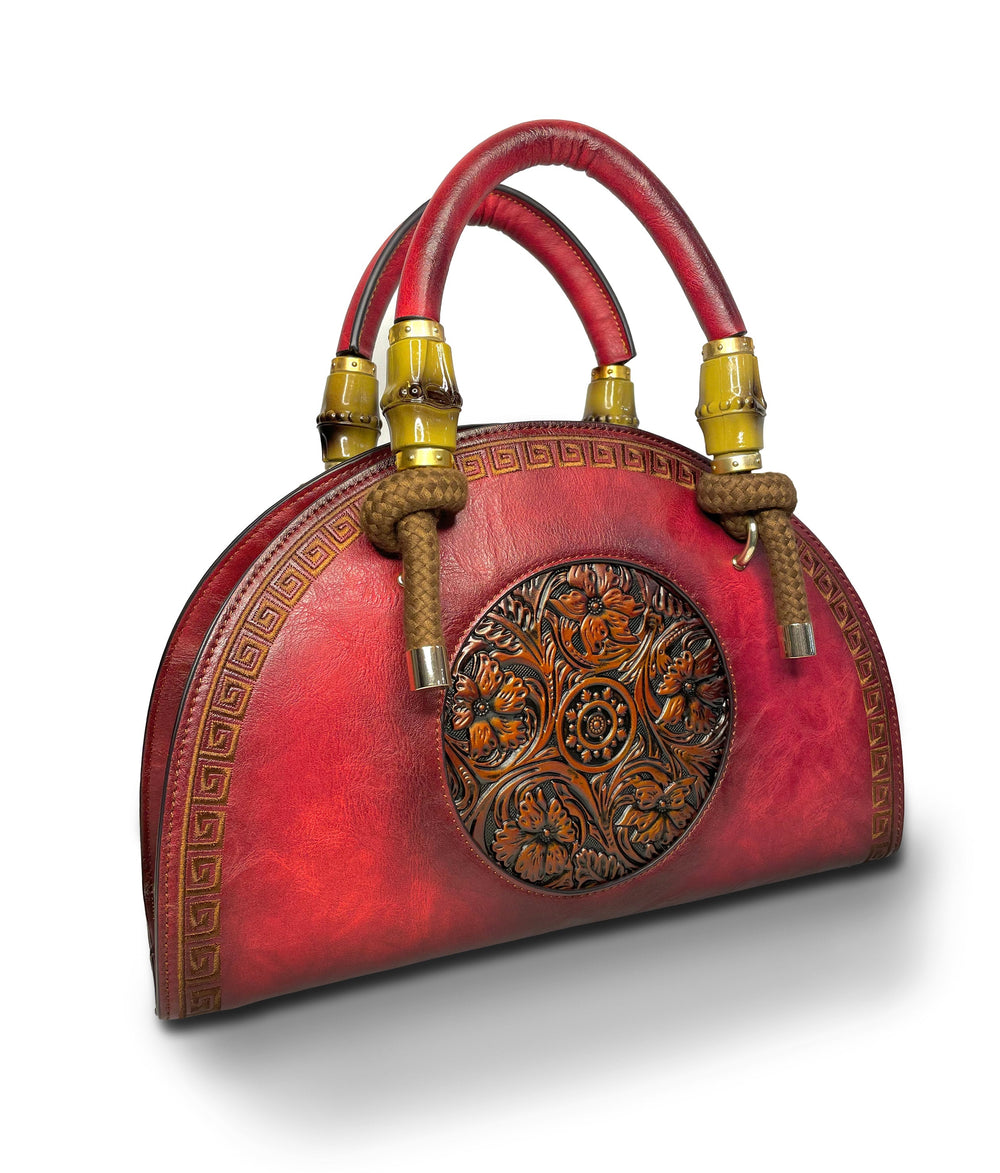 Crescent Women's Genuine Leather Handbag - Red