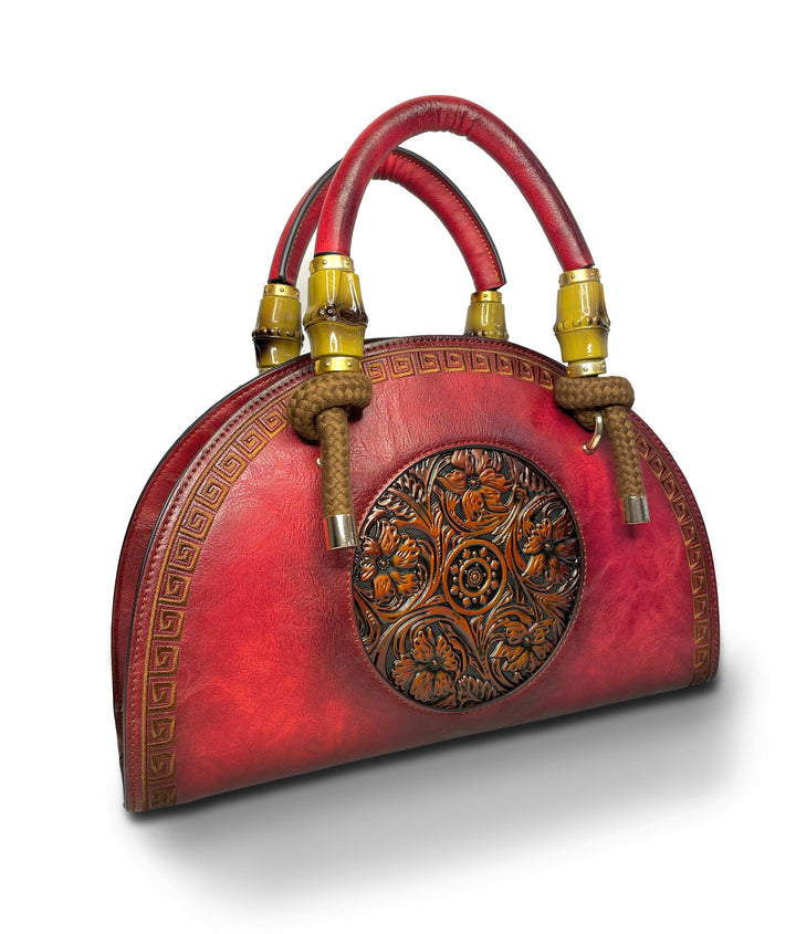 Crescent Women's Genuine Leather Handbag - Red