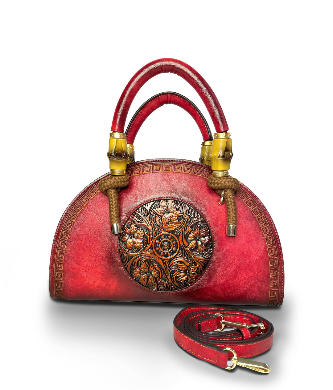 Crescent Women's Genuine Leather Handbag - Red