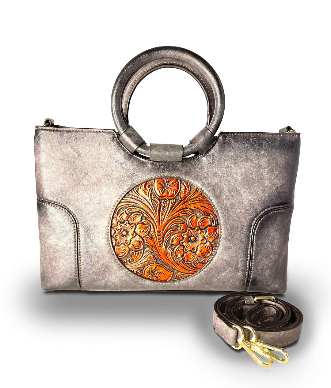 Iconic Women's  Genuine Leather Handbag - Charcoal Grey