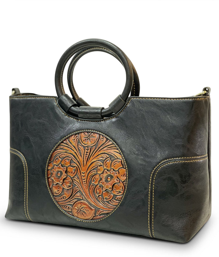 Iconic Women's  Genuine Leather Handbag - Ebony Black