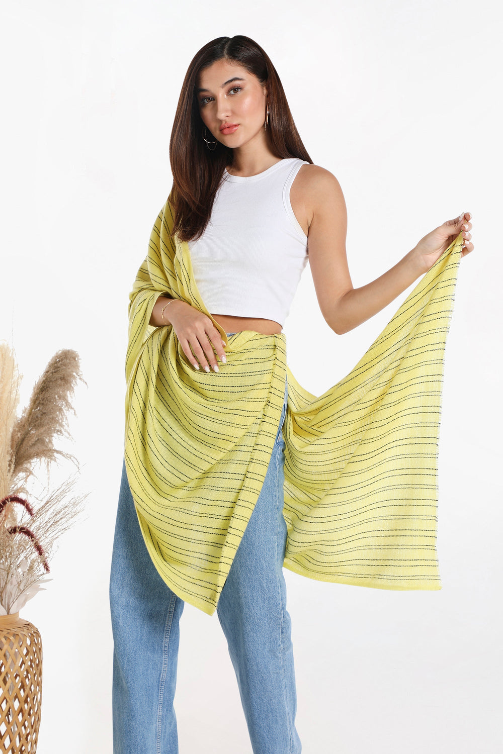 Camel Wool Luxury Scarf - Lime Yellow Verticle