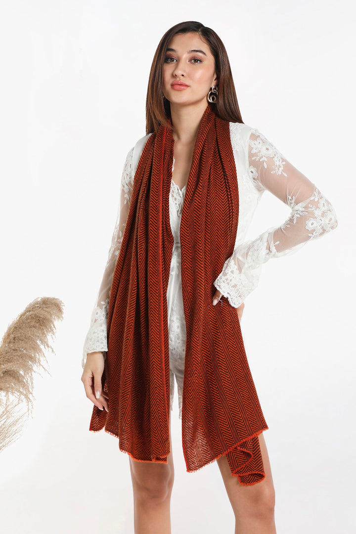 Camel Wool Luxury Scarf - Rusty Orange Chevron BW
