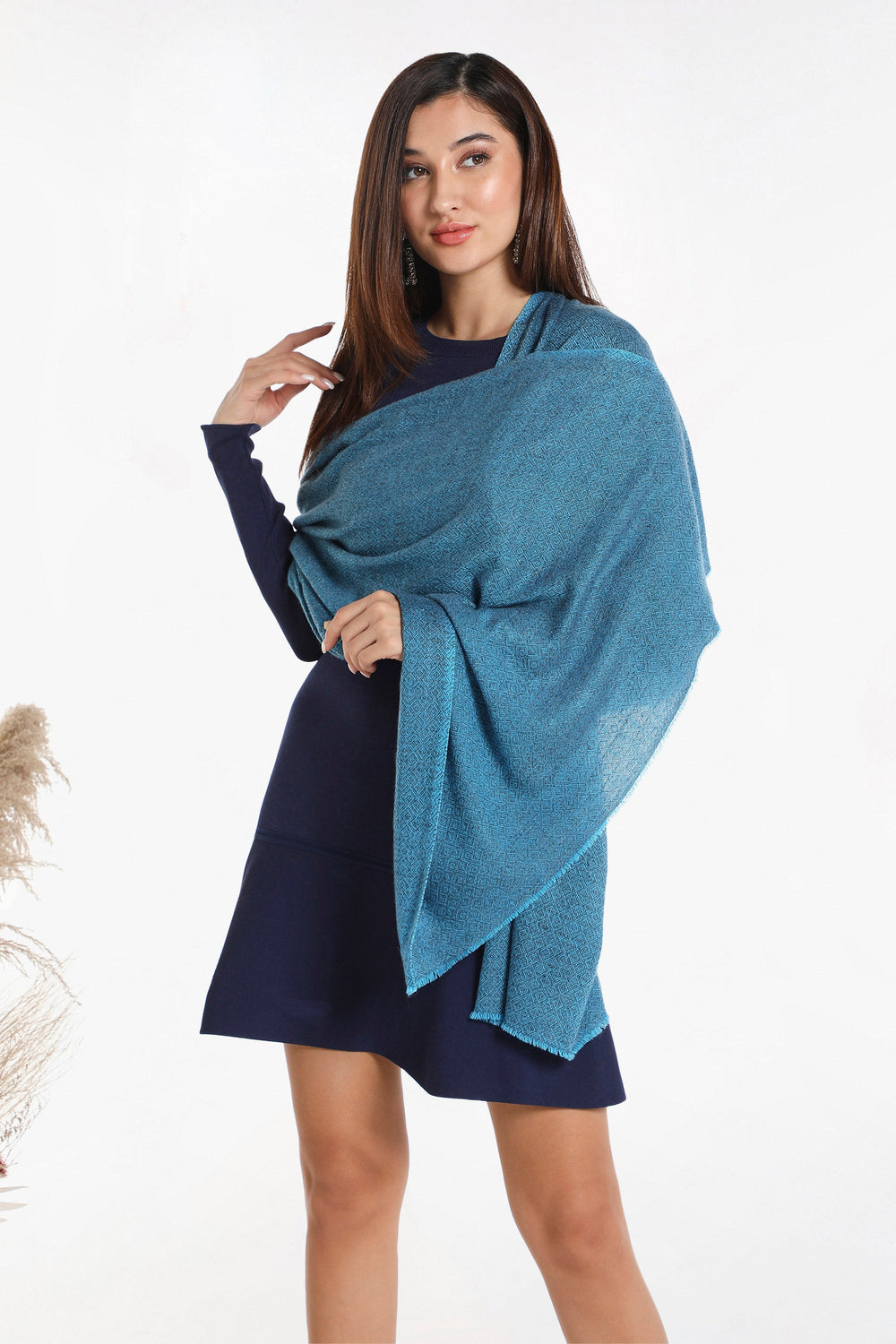 Camel Wool Luxury Scarf - Ocean Blue Diamond