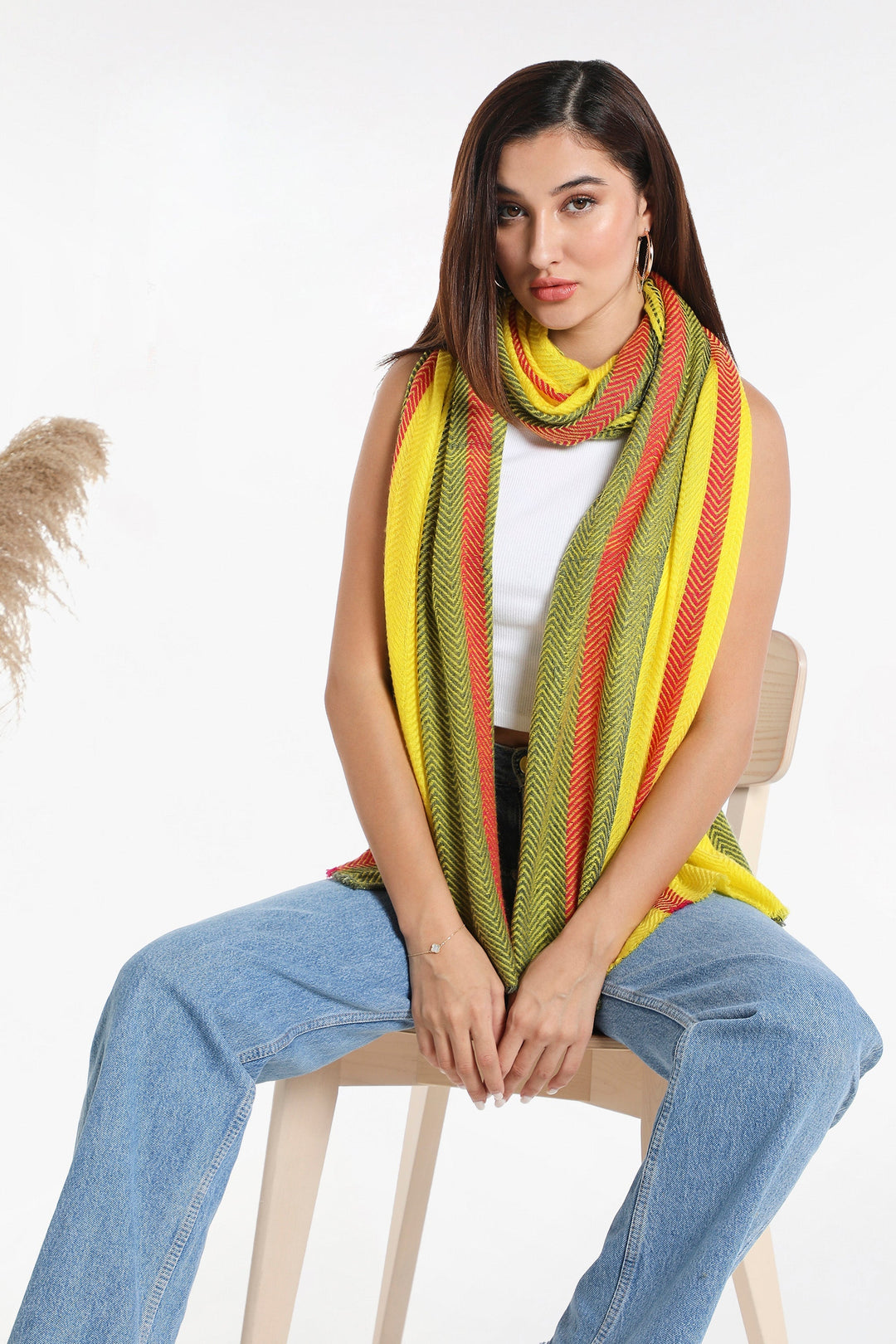 Camel Wool Luxury Scarf - Banana Chevron Border