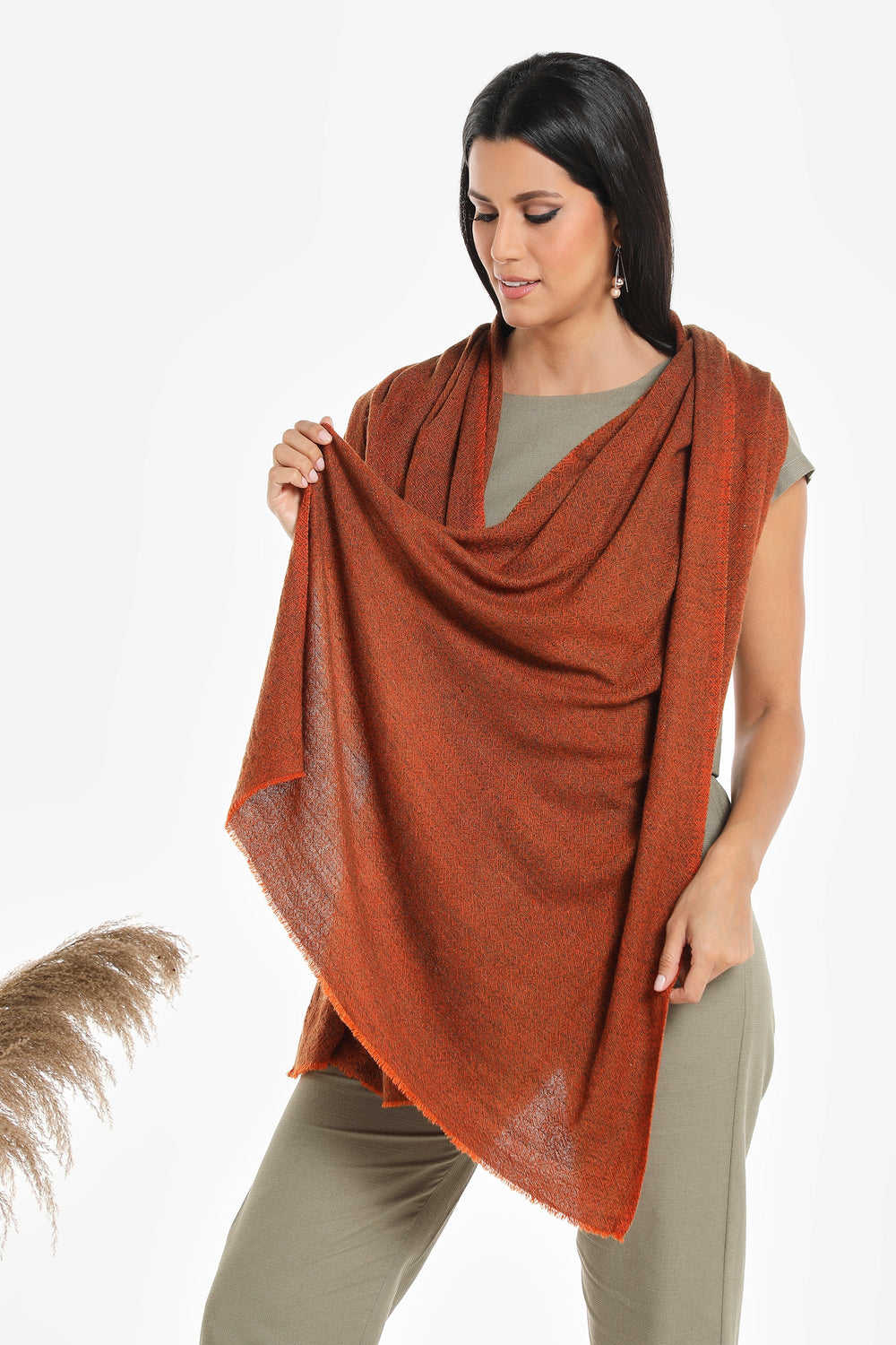 Camel Wool Luxury Scarf - Rusty Orange Diamond