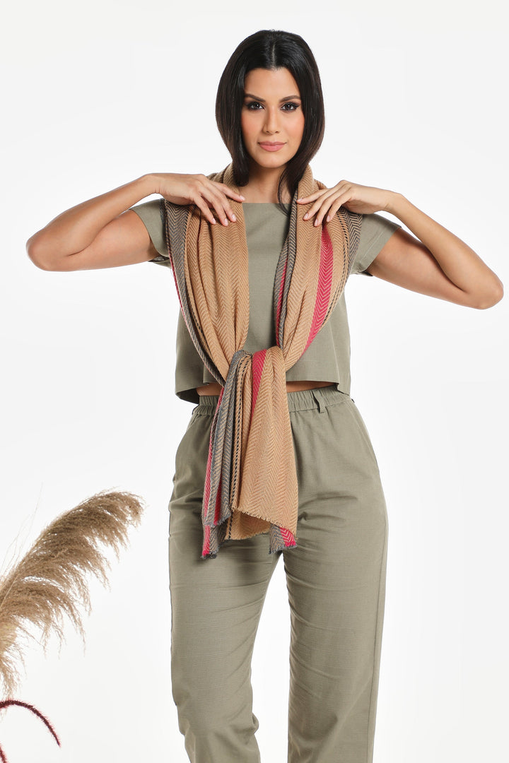Camel Wool Luxury Scarf - Biscuit Chevron Border