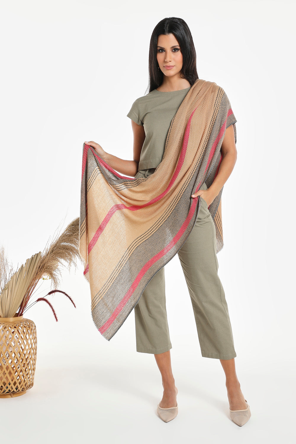 Camel Wool Luxury Scarf - Biscuit Chevron Border