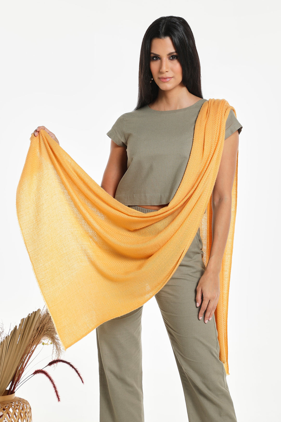 Camel Wool Luxury Scarf - Honey Chevron Plain