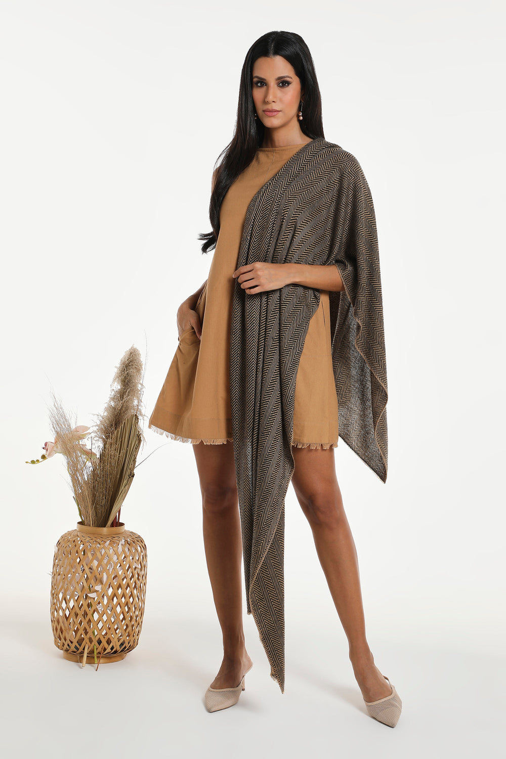 Camel Wool Luxury Scarf - Camel Chevron BW