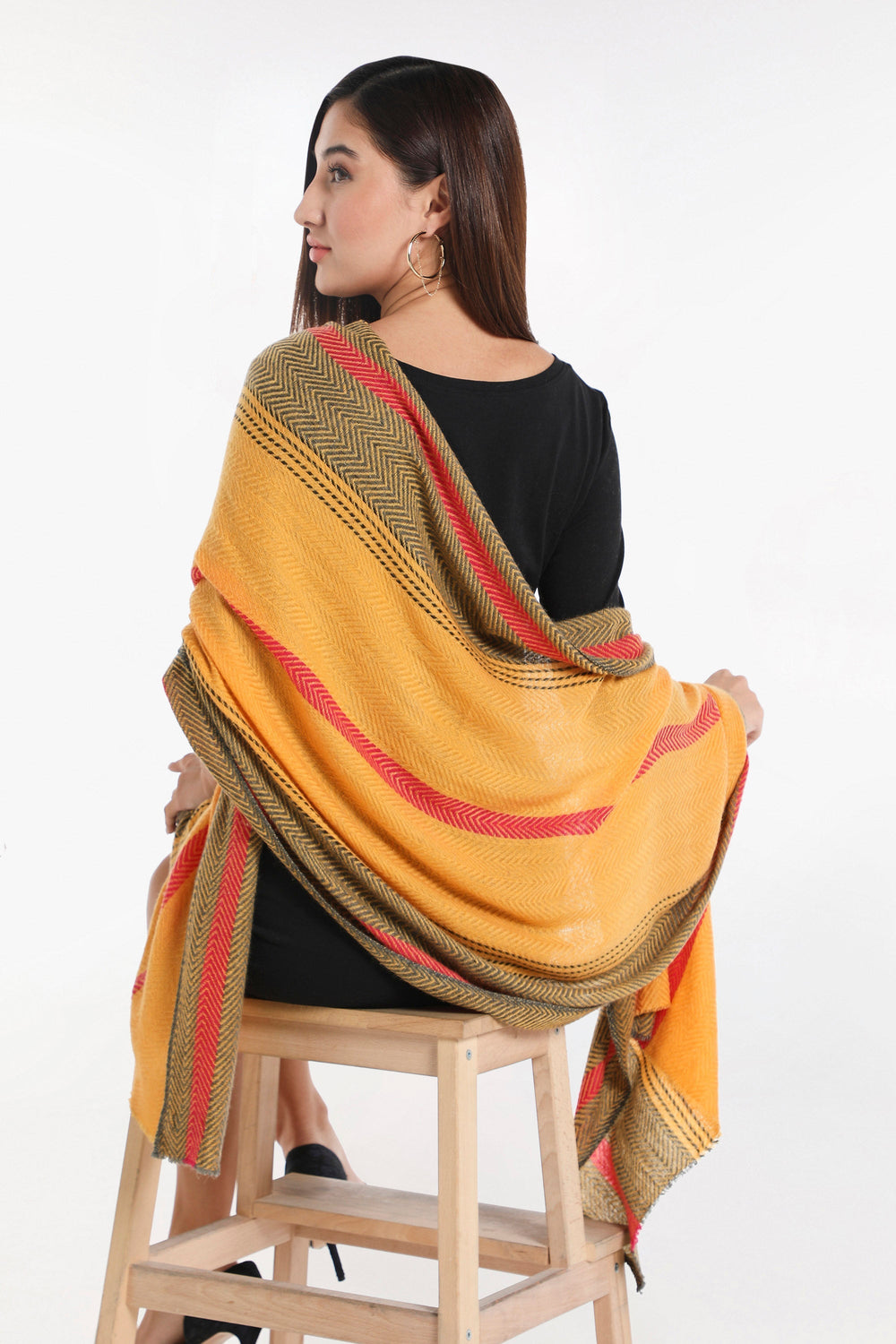 Camel Wool Luxury Scarf - Honey Chevron Border