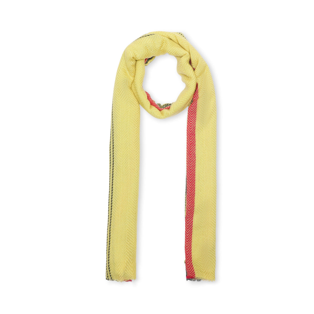 Camel Wool Luxury Scarf - Lime Yellow Chevron Border