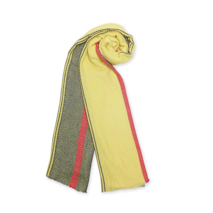 Camel Wool Luxury Scarf - Lime Yellow Chevron Border