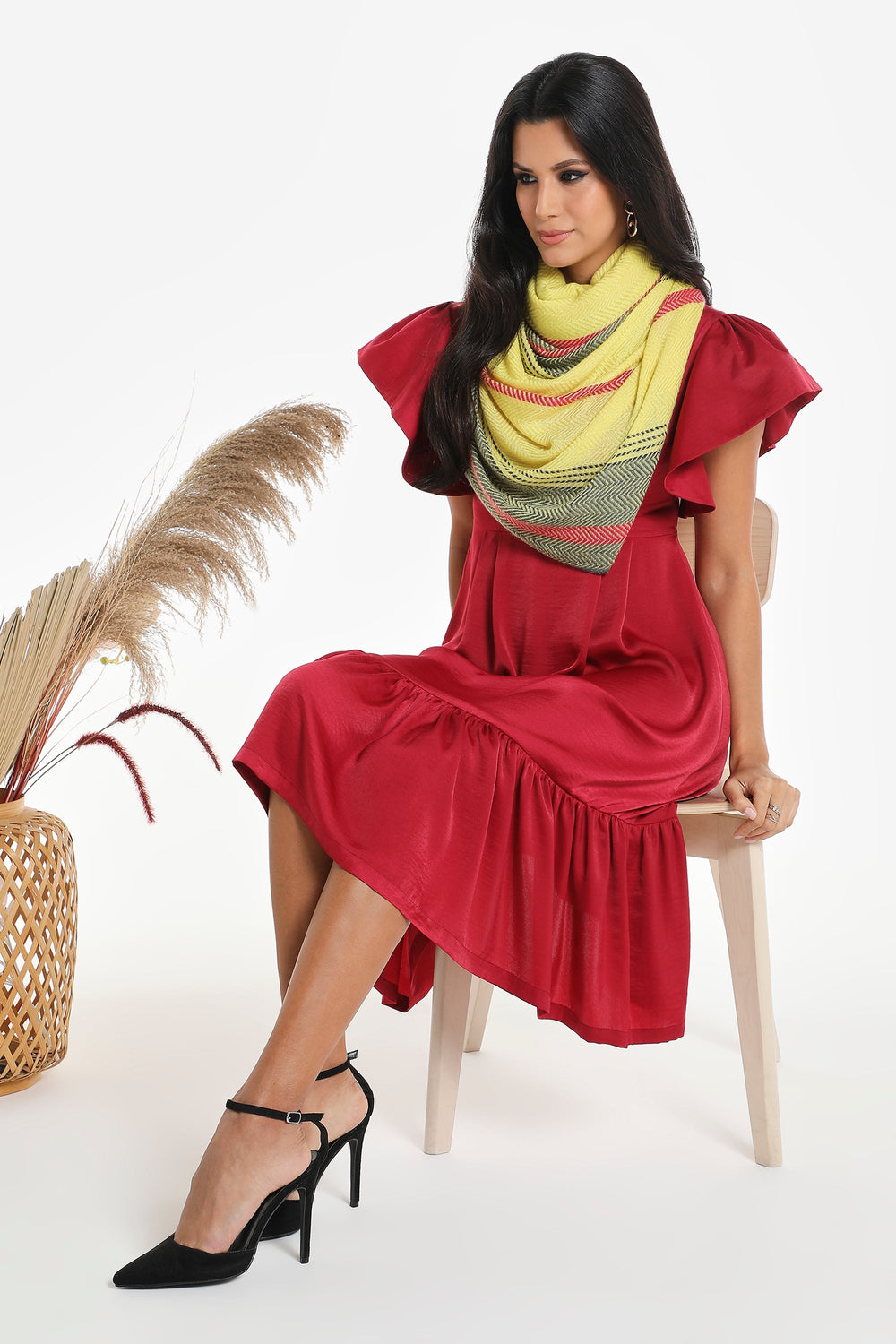 Camel Wool Luxury Scarf - Lime Yellow Chevron Border