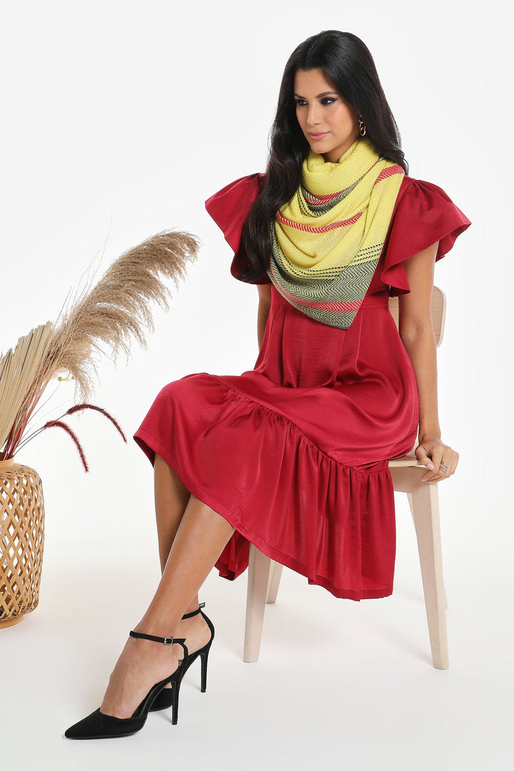 Camel Wool Luxury Scarf - Lime Yellow Chevron Border