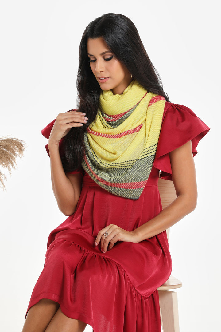 Camel Wool Luxury Scarf - Lime Yellow Chevron Border