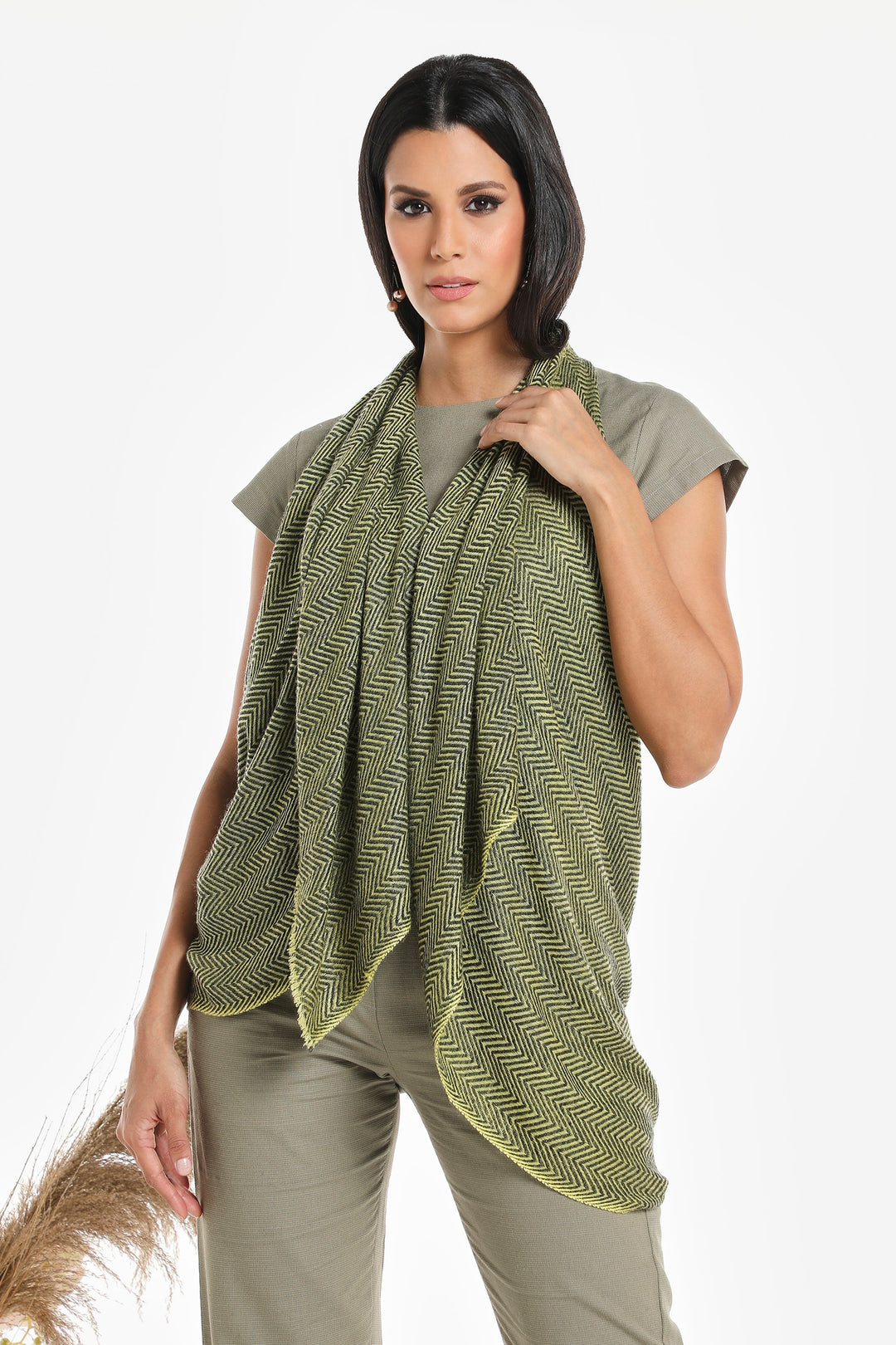 Camel Wool Luxury Scarf - Lime Yellow Chevron BW