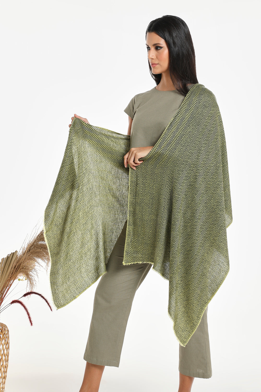 Camel Wool Luxury Scarf - Lime Yellow Chevron BW