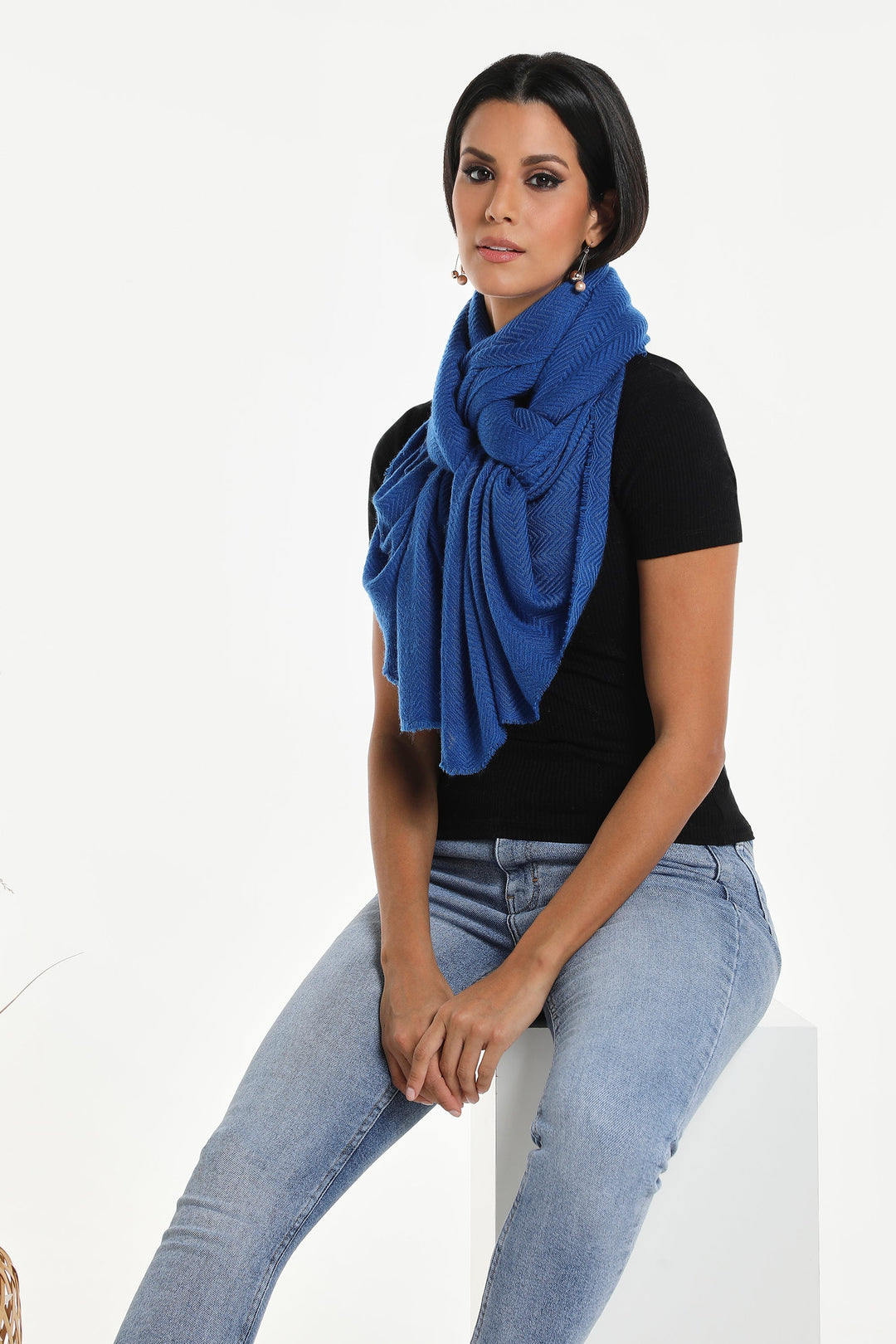 Camel Wool Luxury Scarf - Cobalt Blue Chevron Plain