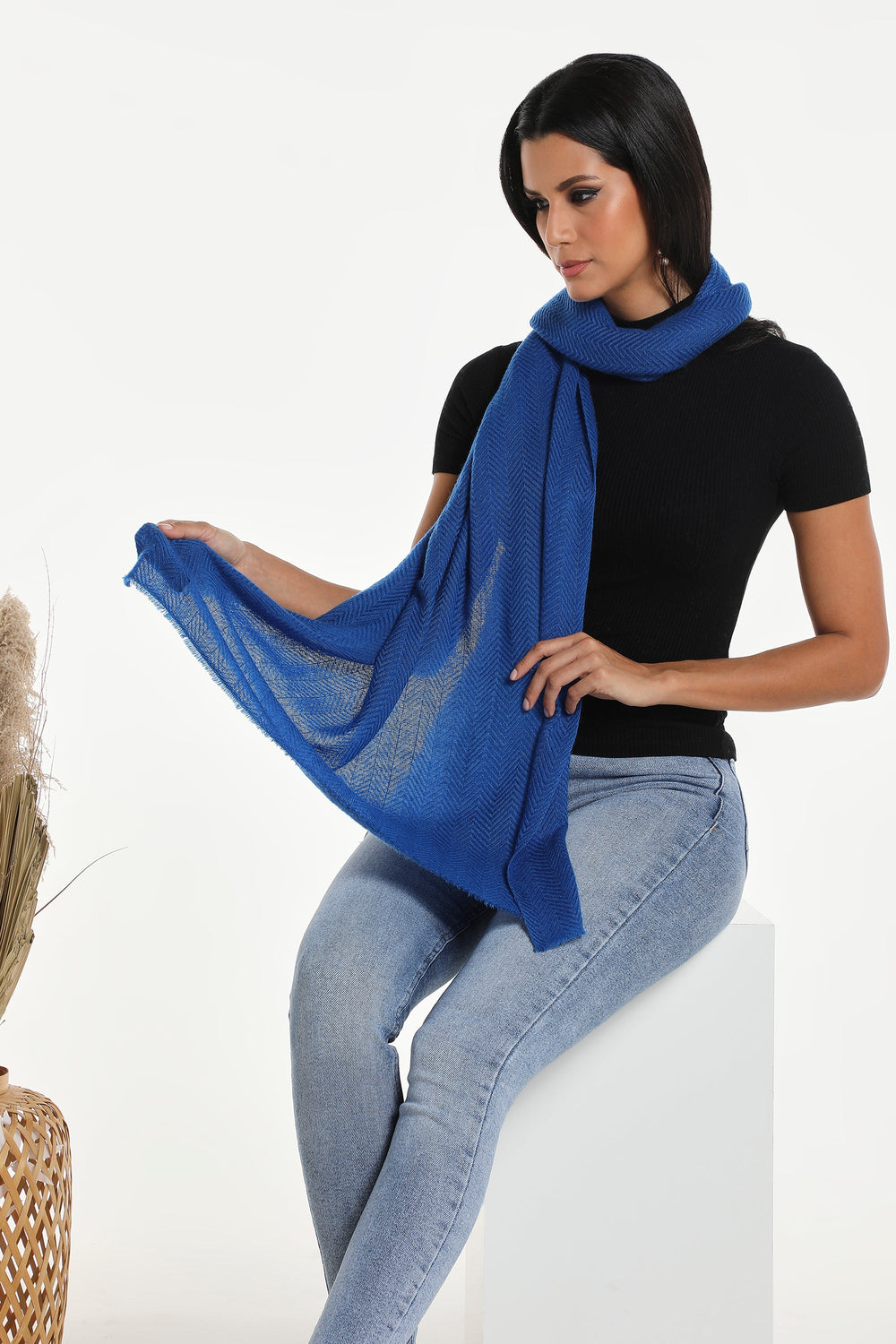 Camel Wool Luxury Scarf - Cobalt Blue Chevron Plain