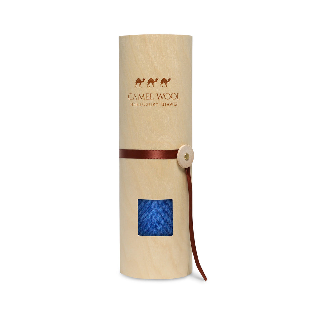 Camel Wool Luxury Scarf - Cobalt Blue Chevron Plain