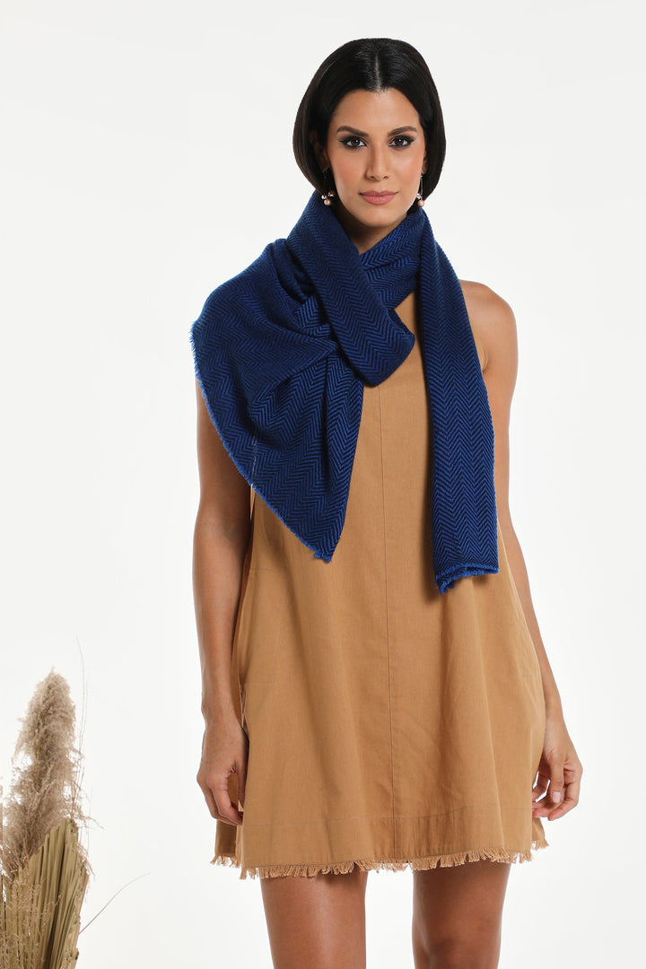 Camel Wool Luxury Scarf - Cobalt Blue Chevron BW