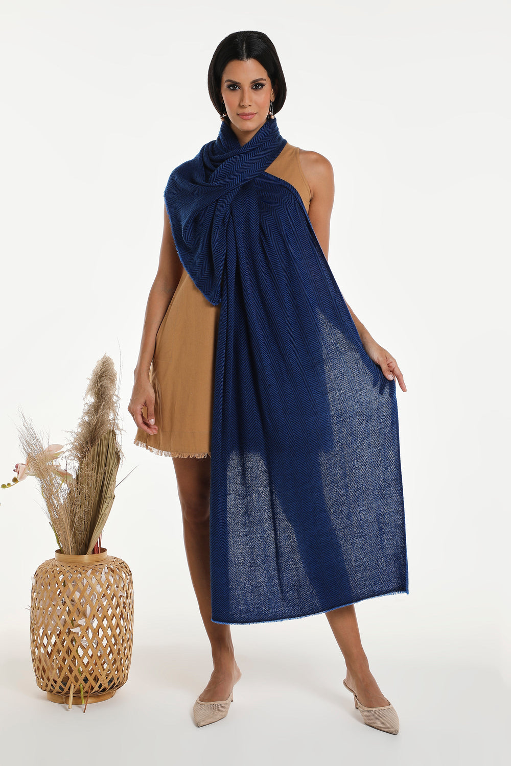 Camel Wool Luxury Scarf - Cobalt Blue Chevron BW