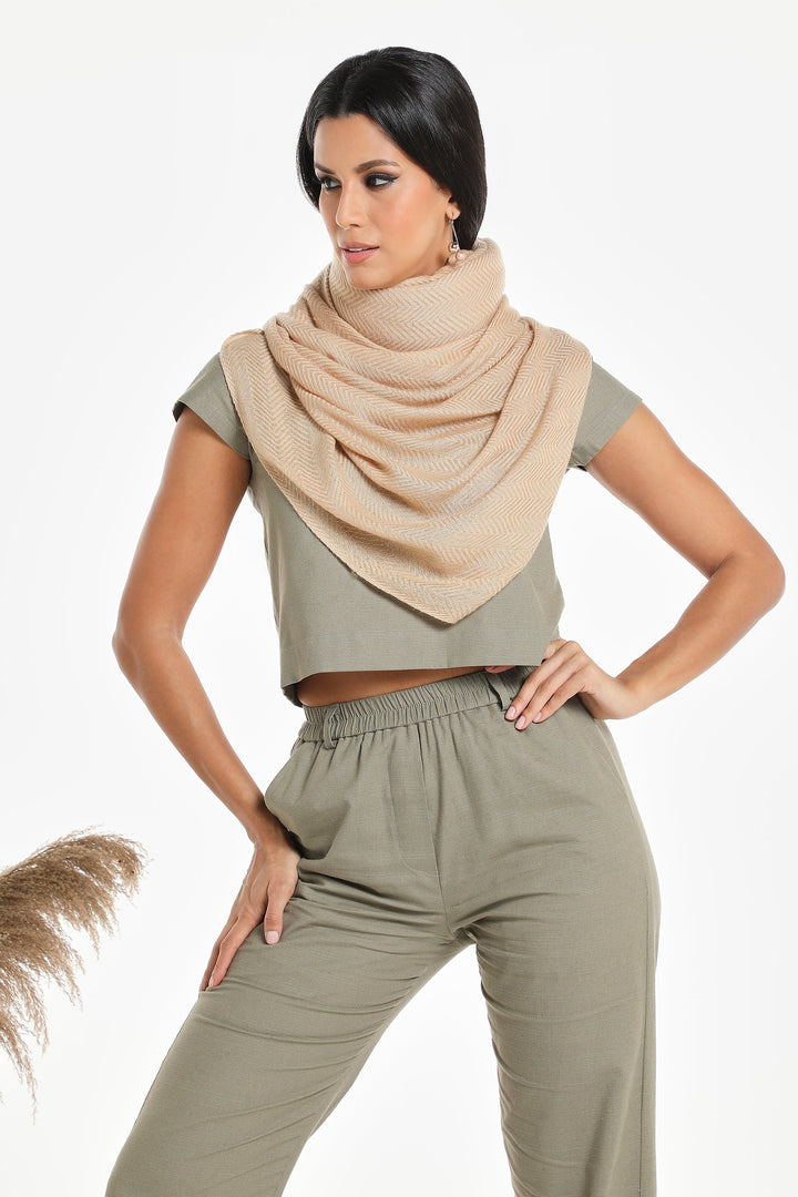 Camel Wool Luxury Scarf - Biscuit Chevron Plain