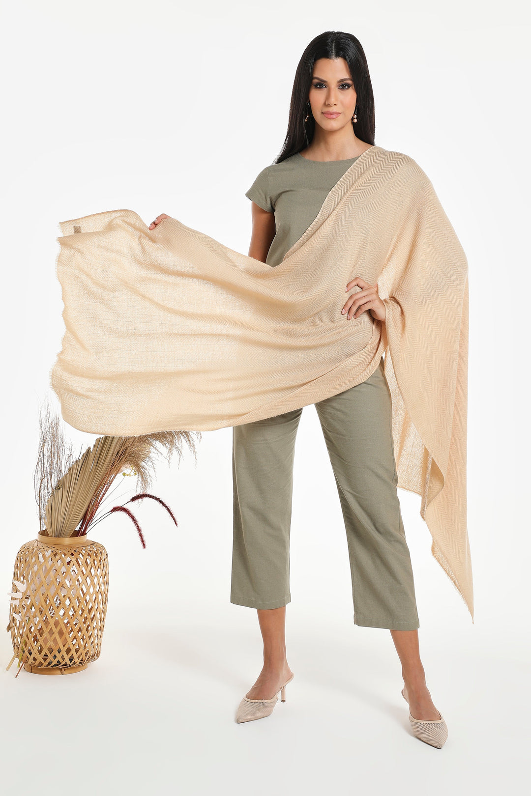 Camel Wool Luxury Scarf - Biscuit Chevron Plain