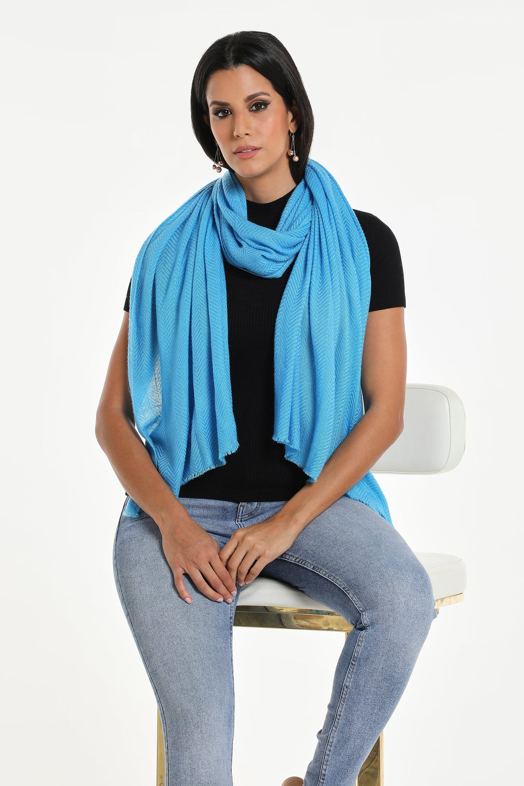 Camel Wool Luxury Scarf - Ocean Blue Chevron Plain